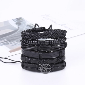 Vintage black leather bracelet set for men featuring tree of life charm and beads