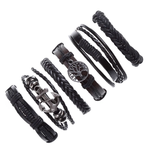 Vintage Multi-Layer Cowhide Bracelets With Anchor Tree Of Life Charms Handmade Woven Leather Wristband Collection For Men Punk Jewelry
