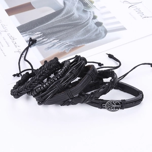 Men's retro black braided leather bracelet set with tree of life charm detail
