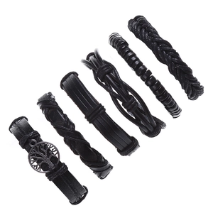Vintage Men's Braided Leather Bracelet Set With Tree Of Life Alloy Pendant Wood Beads Punk Ethnic Multi-layer Wrap Jewelry