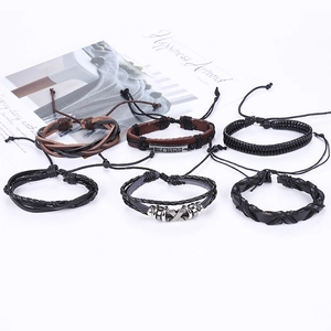 Vintage 6-piece woven leather bracelet set for men with adjustable cords in black and brown