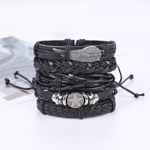 Retro multi-layer black leather bracelet set with silver wing and star charms