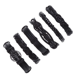 Retro 6-piece woven leather bracelet set with Tree of Life charm in vintage black punk style
