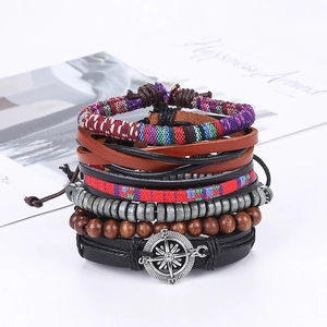Bohemian multilayer leather bracelet set with woven ropes wood beads and compass charm