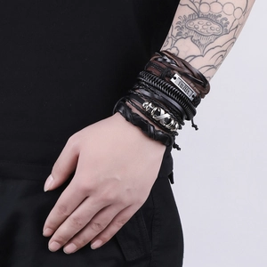Multi-layer woven leather bracelet set for men featuring a faith metal plate