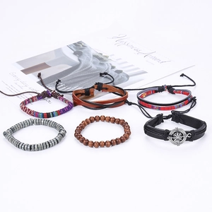 Bohemian multi-layer leather bracelet set with woven ropes and silver compass charm