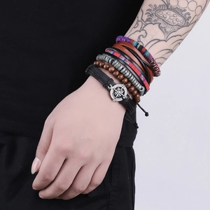 Bohemian multilayer leather bracelet set with woven ropes and vintage alloy charms