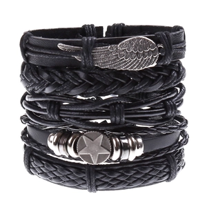 Vintage Multi-layer Leather Bracelet Set For Men Women Adjustable Woven Rope Punk Alloy Wing Star Charm Fashion Jewelry