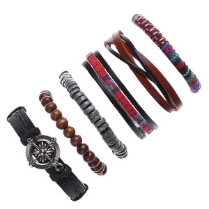 Bohemian Multi-layer Genuine Leather Bracelet Set For Men Women Vintage Woven Hemp Rope Wood Beads Alloy Compass Pendant Ethnic Wrap Bracelet Jewelry