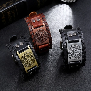 Vintage braided cowhide leather bracelets for men with pentagram metal charms and rivets