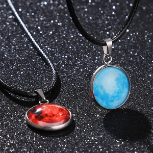 Luminous moon and galaxy pendant necklaces with black wax cord for couples