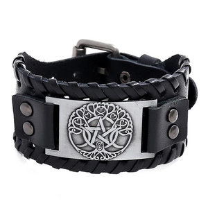 Vintage Punk Men Wide Leather Bracelet Tree Of Life Pentagram Metal Plate Woven Cowhide Alloy PU Iron Cuff Bangle Jewelry