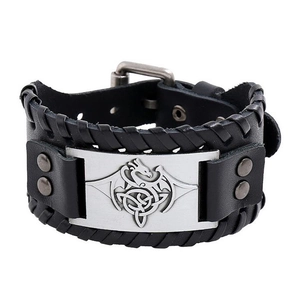 Retro Braided Cowhide Leather Bracelet For Men Punk Viking Style Dragon Celtic Knot Pattern Wide Adjustable Cuff Bangle Jewelry