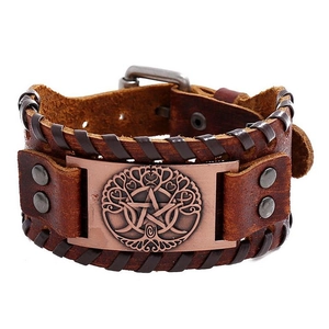 Vintage dark brown braided leather bracelet with bronze tree of life metal plate