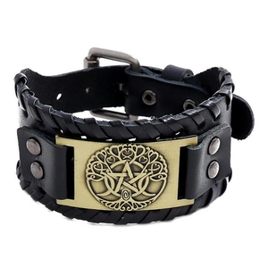 Vintage punk black braided leather bracelet featuring a bronze Tree of Life metal plate