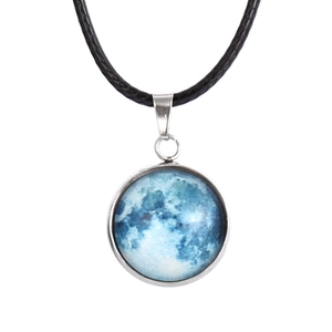 Luminous moon and star glass pendant necklace with a black adjustable wax rope cord