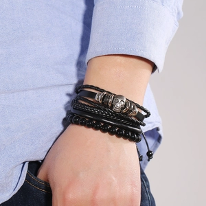 Men's retro skull bead leather multi-layer bracelet set in punk rock style