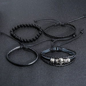 Men's retro skull beaded leather bracelet set with woven black multi-layer details