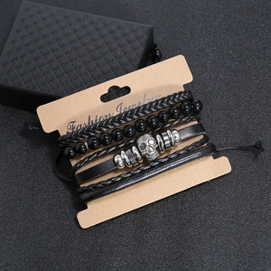 Men's retro multilayer leather bracelet set with vintage skull charm and black beads