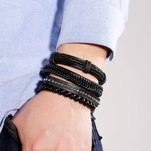 Mens multi-layer black leather braided bracelet set with metal studs and round beads