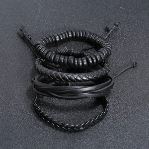 Set of 4 men's vintage black woven leather bracelets with wooden beads and adjustable cords