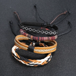 Vintage bohemian braided leather bracelet set with ethnic patterns and layered woven cords