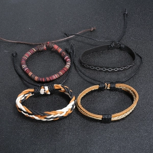 Set of four vintage woven leather bracelets in Bohemian style with adjustable cords