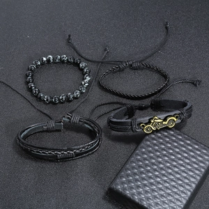 Men's retro multi-layer leather bracelet set with motorcycle charm and bead strings