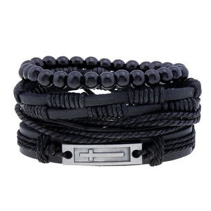 Set de pulseras de cuero multicapa retro con placa de cruz y cuentas negras