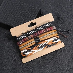 Vintage bohemian braided leather bracelet set for men with multi-layer ethnic woven cords