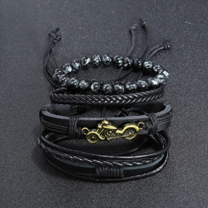 Men's retro multi-layer black leather bracelet set with bronze motorcycle charm