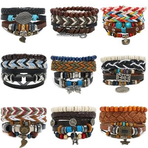 Vintage Multilayer Leather Woven Bracelet Bohemian Alloy Charm Leaf Heart Adjustable Hand Rope For Men Women Jewelry
