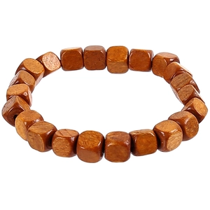 Detail of square vintage wooden prayer beads in dark reddish-brown with natural grain texture