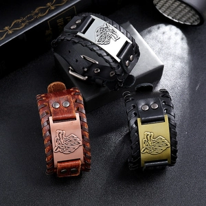 Nordic Viking leather bracelets featuring Celtic wolf head metal plates in black and brown