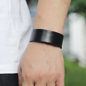 Minimalist black wide leather bracelet for men with adjustable buckle closure