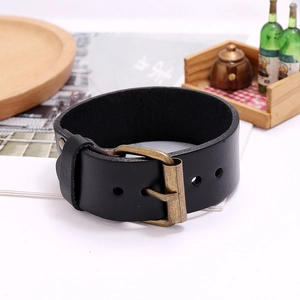 Retro black leather bracelet with adjustable bronze buckle and minimalist wide band design