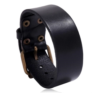 Men Retro Punk Genuine Leather Bracelet Wide Cuff Bangle Adjustable Belt Buckle Alloy Rivet Wristband Fashion Jewelry