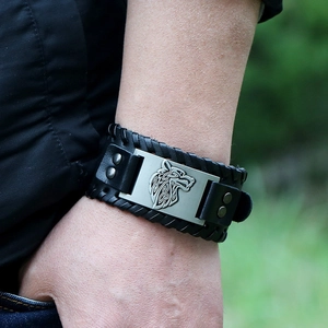 Nordic Viking wolf head wide black leather cuff bracelet with silver metal relief