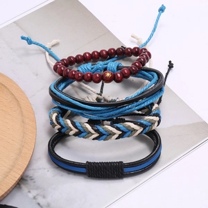 Lot de 4 bracelets bohémiens avec perles en bois et cuir tressé pour homme et femme