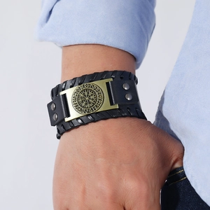 Heren Noorse Viking lederen armband met vintage kompas bronzen plaatje
