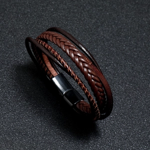 Vintage multi-layer braided leather bracelet for men with matte black magnetic buckle
