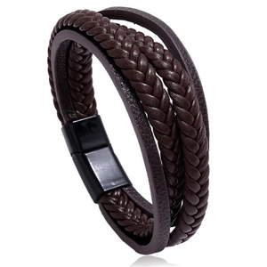 Multilayer dark brown braided leather bracelet with a sleek black magnetic clasp for men