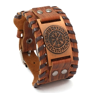 Noordse Viking kompas lederen armband met vintage gevlochten randen en metalen bedel