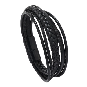 Vintage handmade braided leather bracelet for men with magnetic alloy clasp in black