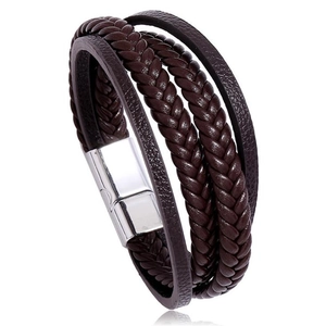 Multilayer braided dark brown leather bracelet with silver magnetic buckle for men