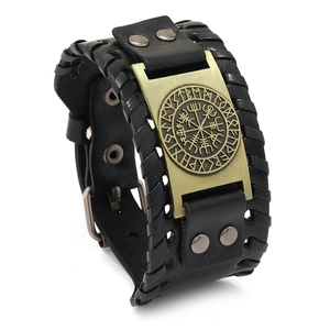 Vintage Viking Vegvisir kompas zwart leren manchetarmband met zilveren studs