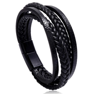 Multilayer black leather woven bracelet for men featuring a brushed metal magnetic clasp