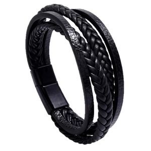 Multilayer minimalist black braided leather bracelet for men with magnetic metal clasp