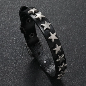 Punk style black leather bracelet with eight silver pentagram stars and buckle closure