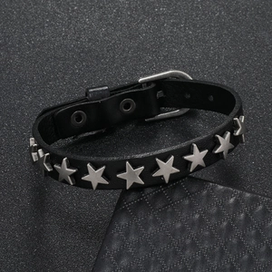Punk vintage black leather bracelet with silver star rivets and adjustable buckle